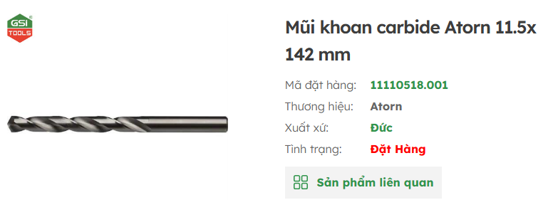 mũi khoan carbide atorn 11.x42mm