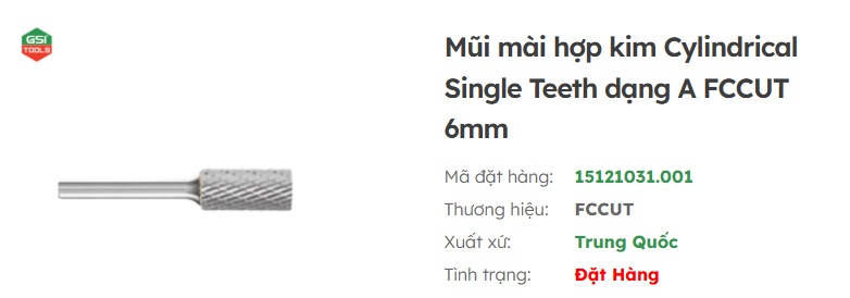 Mũi m&agrave;i hợp kim Cylindrical single teeth dạng A 6mm