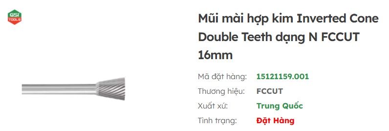 mũi m&agrave;i hợp kim inverted Cone double teeth dạng N 16mm