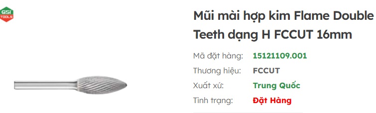 mũi m&agrave;i hợp kim flame double teeth dạng H 16mm
